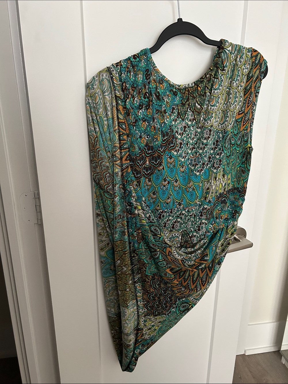 Tropical Teal and Brown Paisley Twist-Front Midi Dress weekend evening or beach - Picture 9 of 12